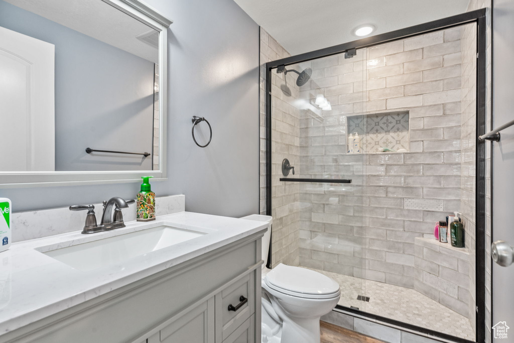 Bathroom featuring vanity, a shower stall, and toilet