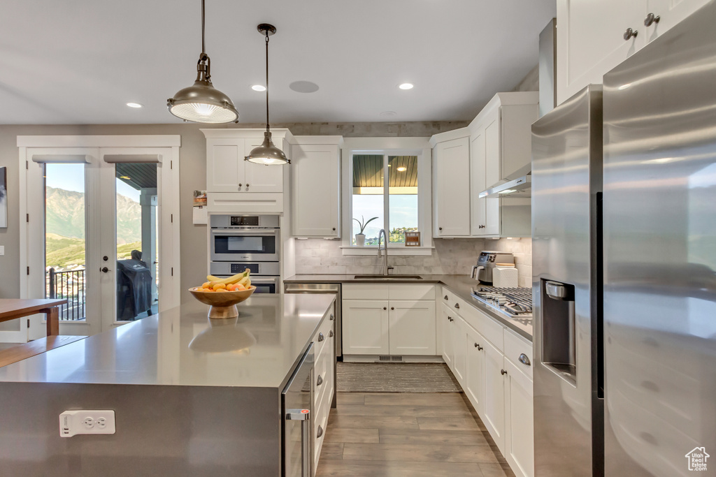Kitchen featuring appliances with stainless steel finishes, a sink, white cabinetry, wood finished floors, and recessed lighting