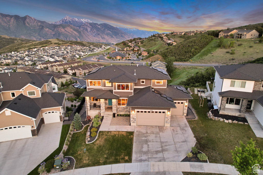 Aerial perspective of suburban area with mountains