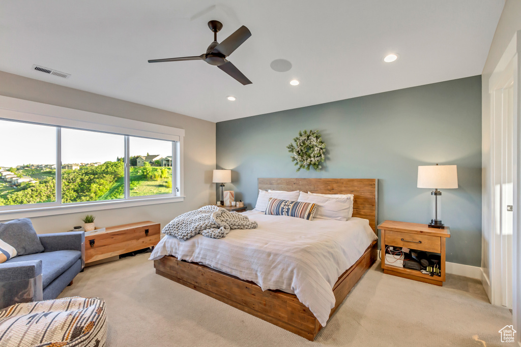 Bedroom with carpet, recessed lighting, a ceiling fan, and baseboards