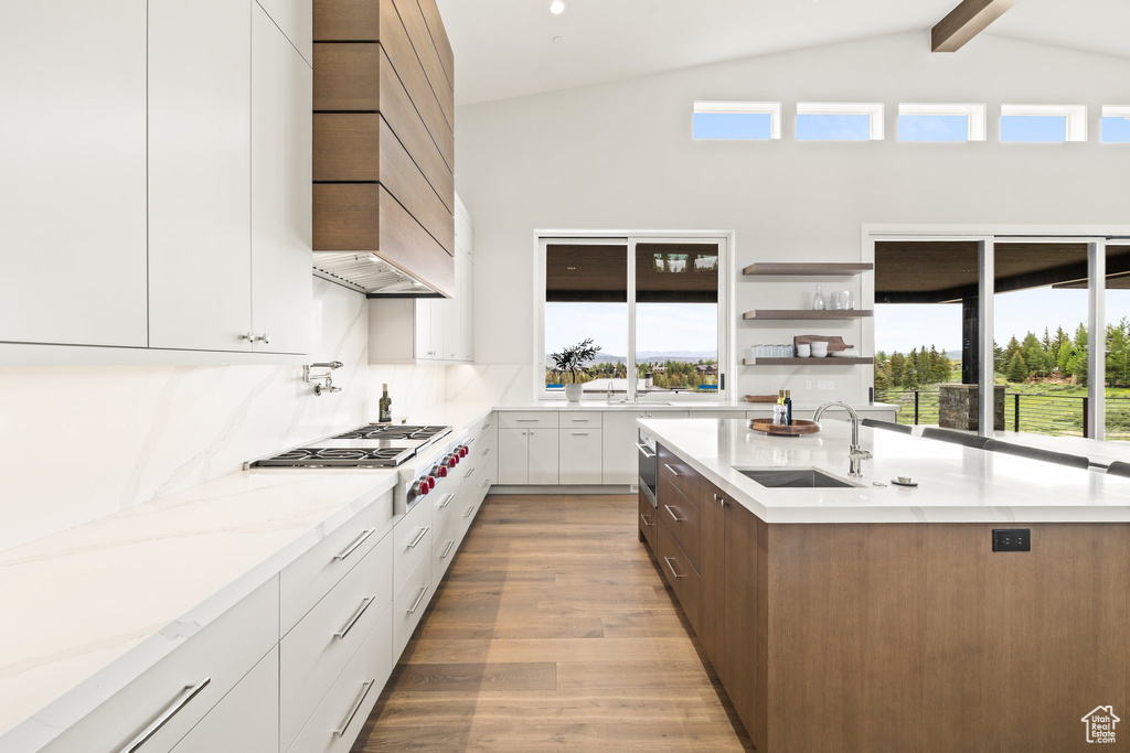 Kitchen with a sink, modern cabinets, light wood finished floors, stainless steel gas stovetop, and premium range hood
