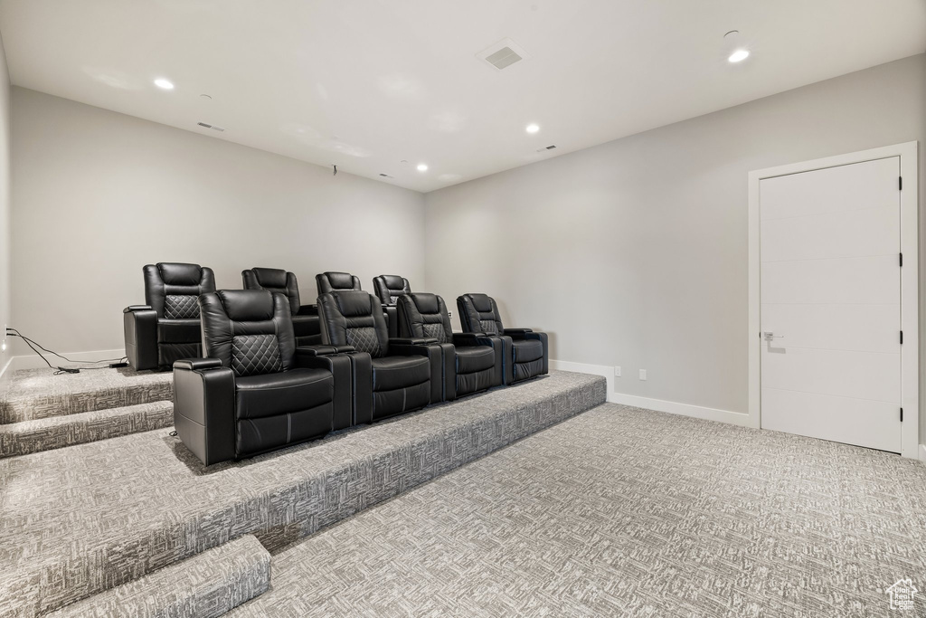 Cinema room featuring carpet, recessed lighting, and baseboards