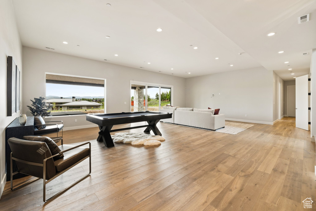 Rec room featuring recessed lighting, light wood-style floors, billiards, and baseboards