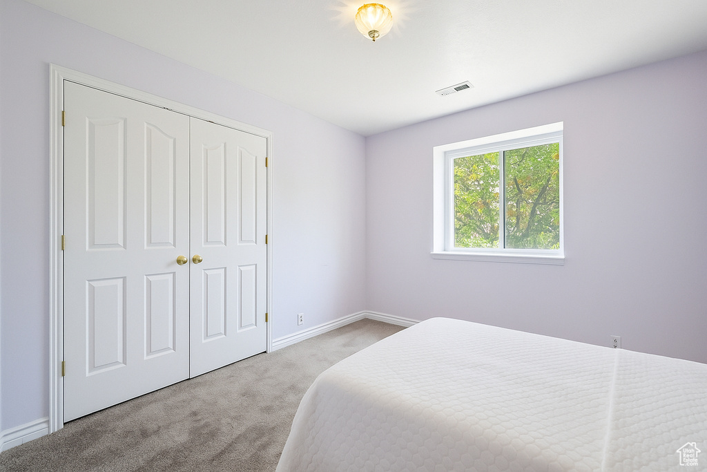 Carpeted bedroom with a closet and baseboards