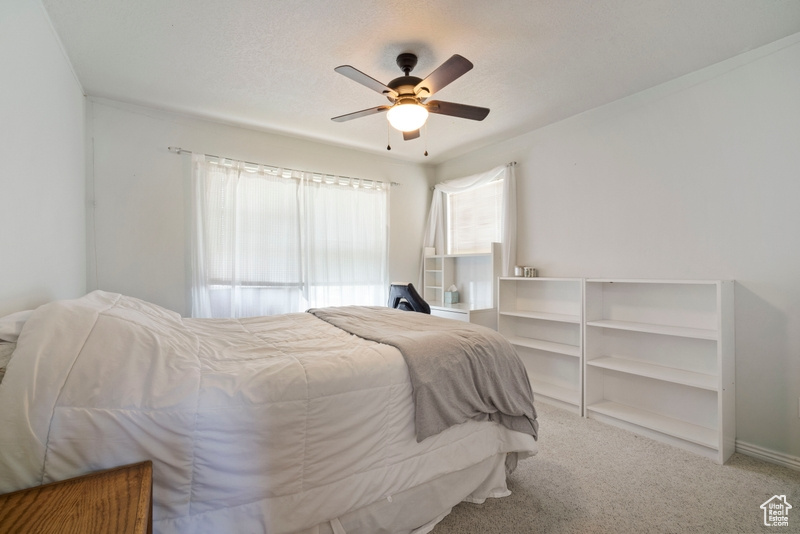Bedroom with carpet and a ceiling fan
