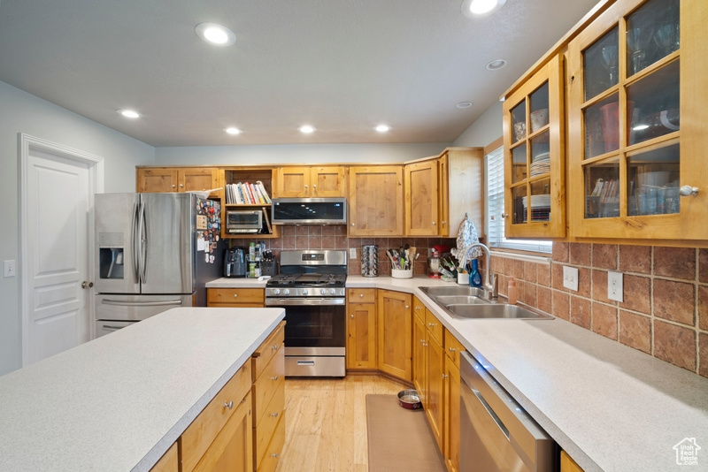 Kitchen with appliances with stainless steel finishes, a sink, light wood-type flooring, light countertops, and recessed lighting