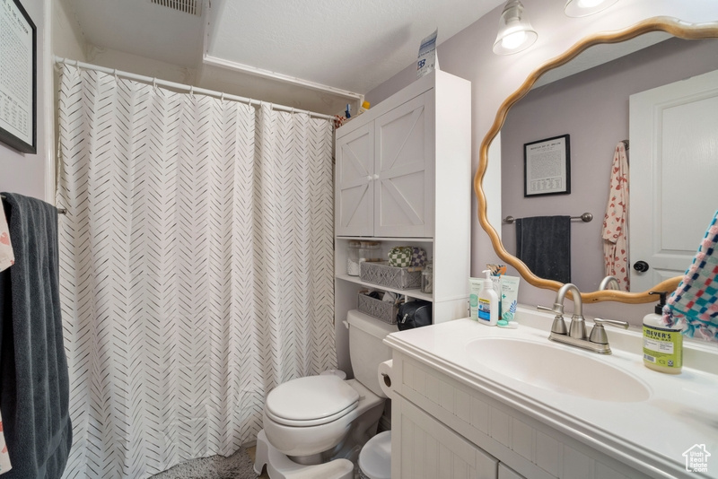 Bathroom with vanity, toilet, and a shower with shower curtain