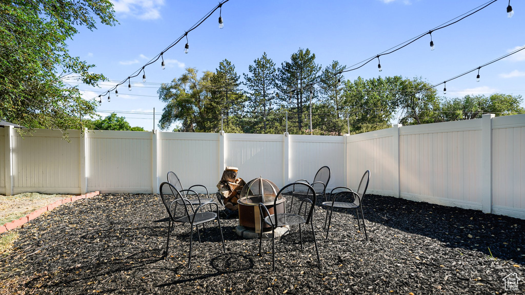 Fenced backyard with an outdoor fire pit