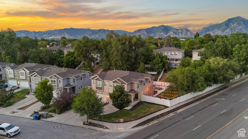 Aerial view of residential area with a mountain backdrop