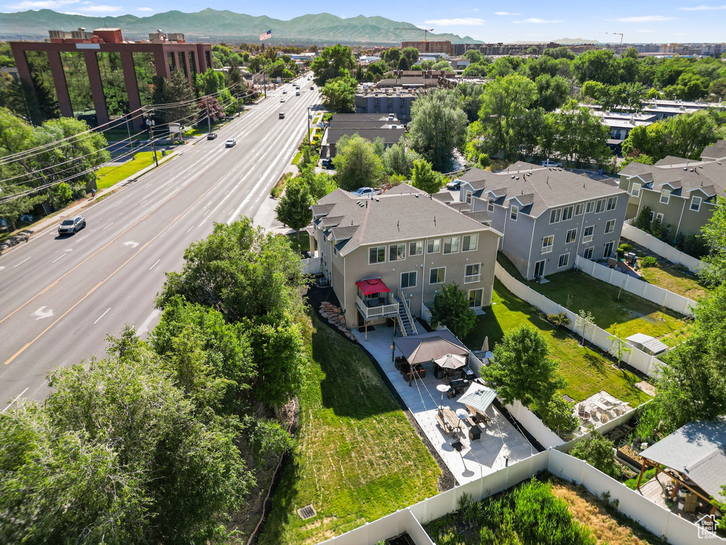 Aerial view of residential area with mountains