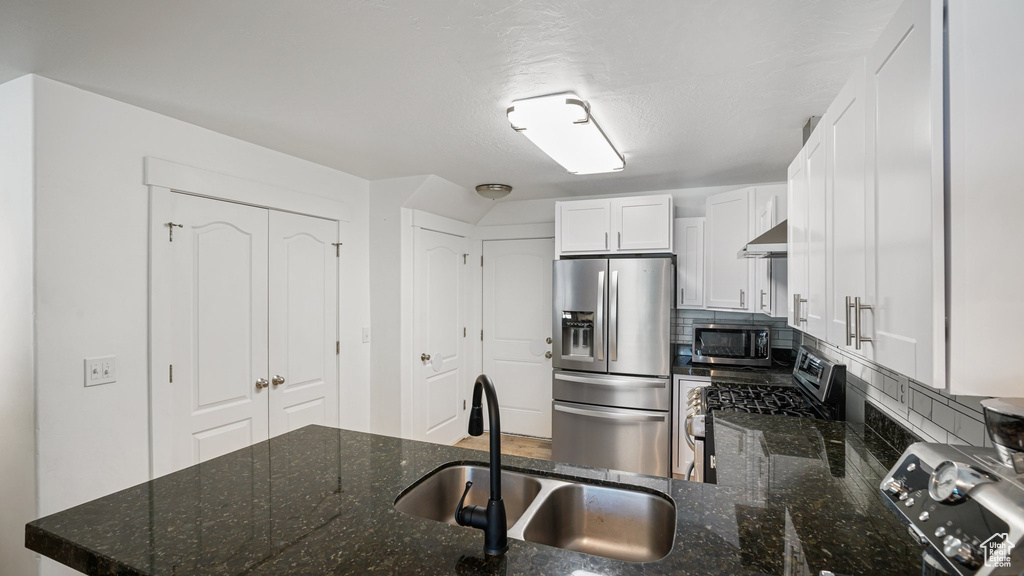 Kitchen featuring stainless steel appliances, a sink, under cabinet range hood, dark stone counters, and white cabinets