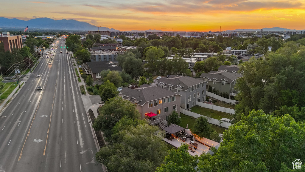 Aerial view at dusk of a mountain view