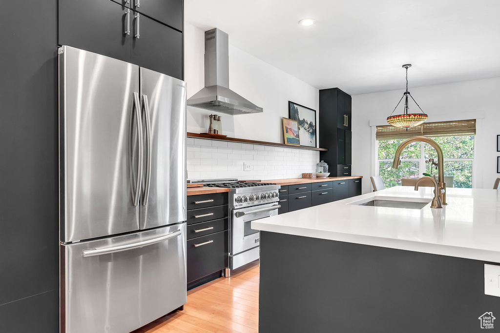 Kitchen with stainless steel appliances, island exhaust hood, a sink, dark cabinets, and recessed lighting