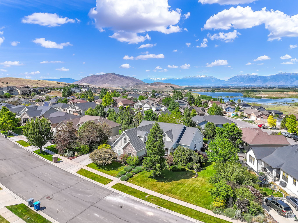 Aerial view of residential area with a water and mountain view