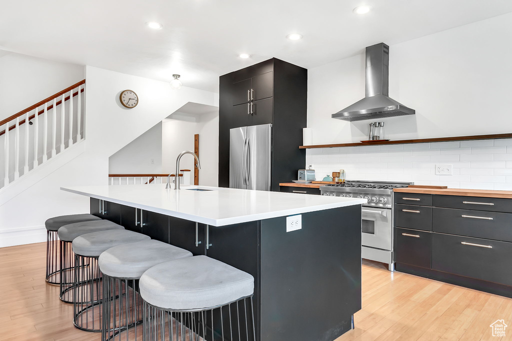 Kitchen with appliances with stainless steel finishes, exhaust hood, dark cabinets, light wood-style floors, and a sink