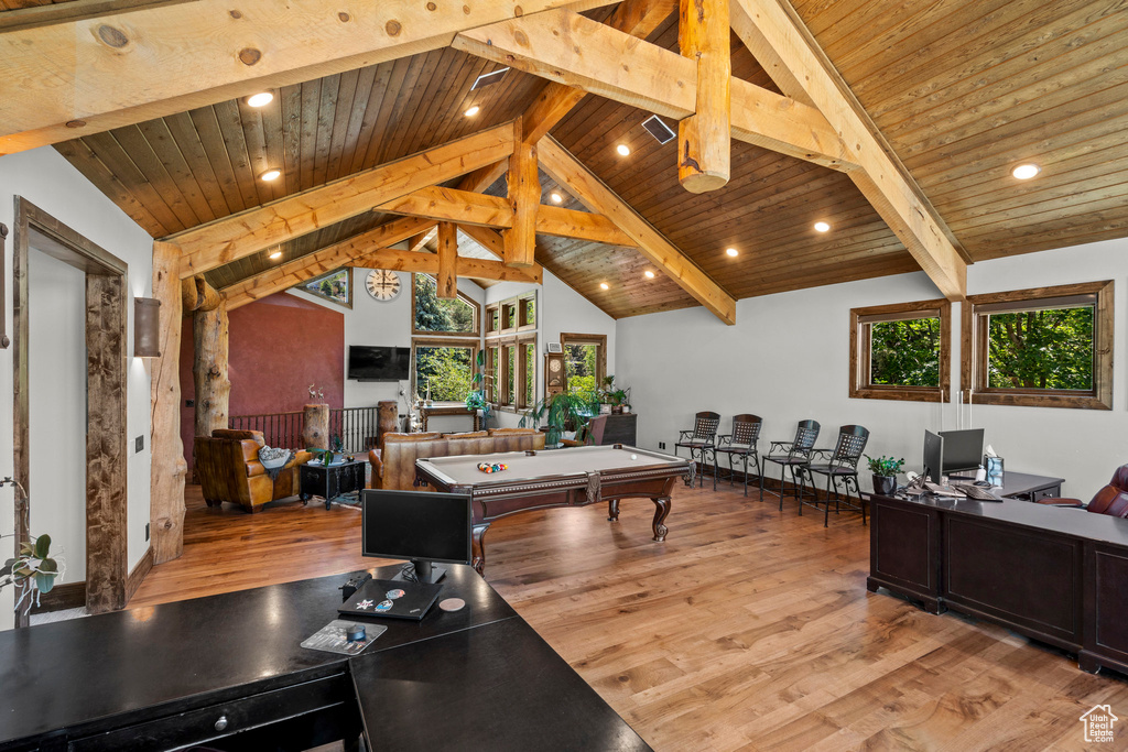 Office featuring wood finished floors, billiards, and wood ceiling