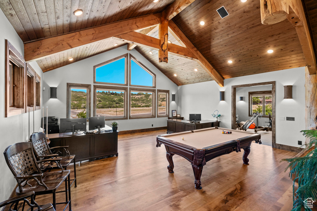 Rec room featuring baseboards, wooden ceiling with exposed beams, light wood-type flooring, pool table, and an office area