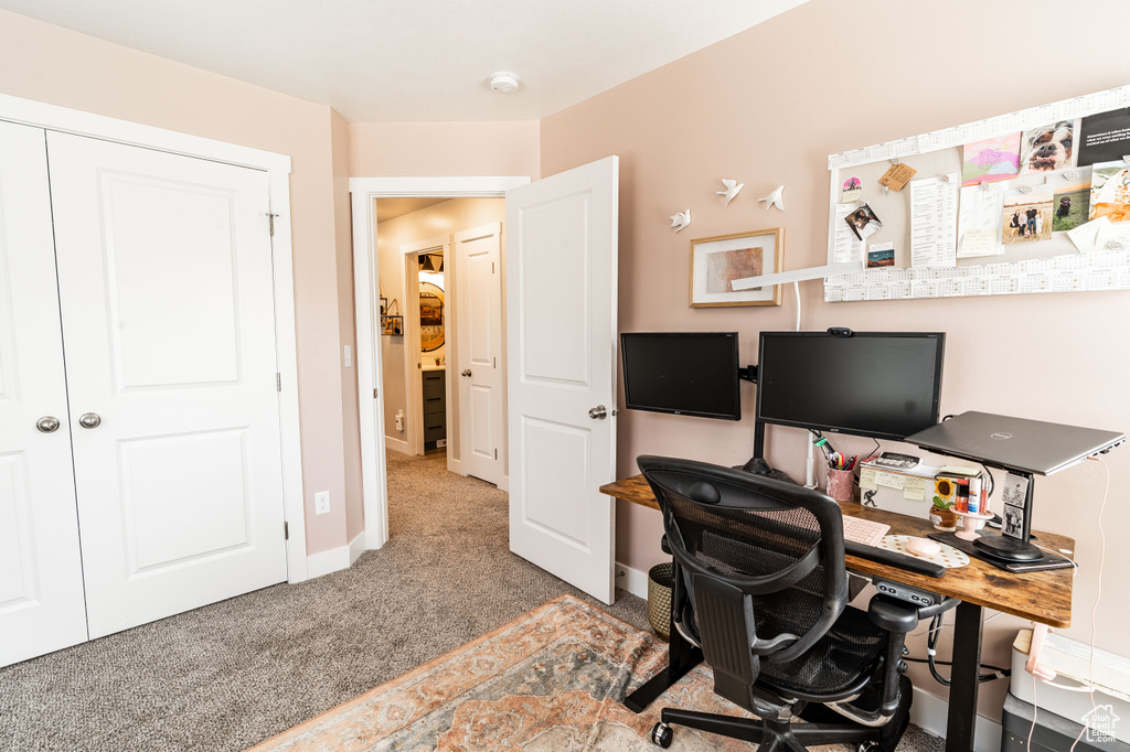 Carpeted home office with baseboards
