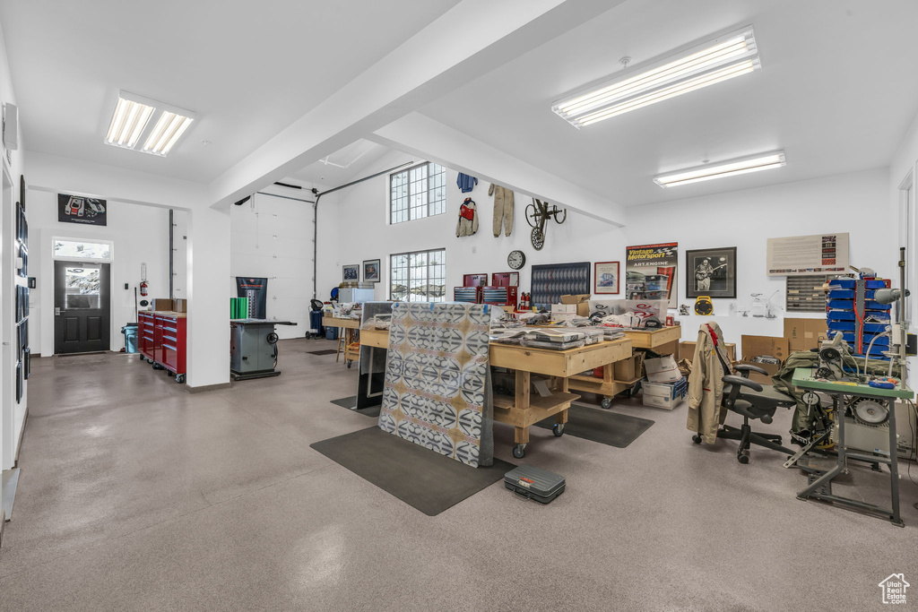 Garage with a workshop area