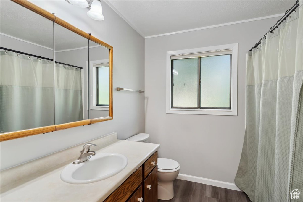 Full bath featuring plenty of natural light, toilet, wood finished floors, vanity, and crown molding