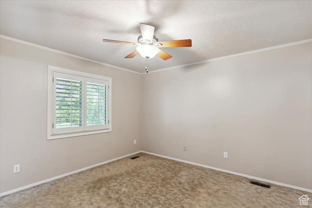 Carpeted empty room with ceiling fan, baseboards, and crown molding