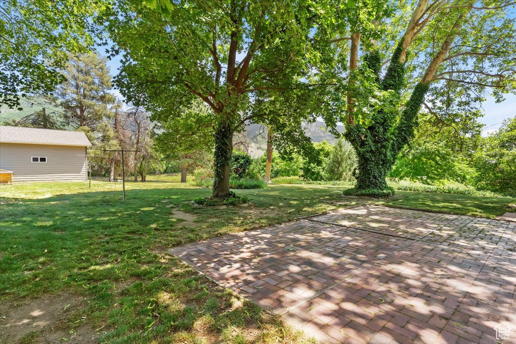 View of grassy yard featuring a patio