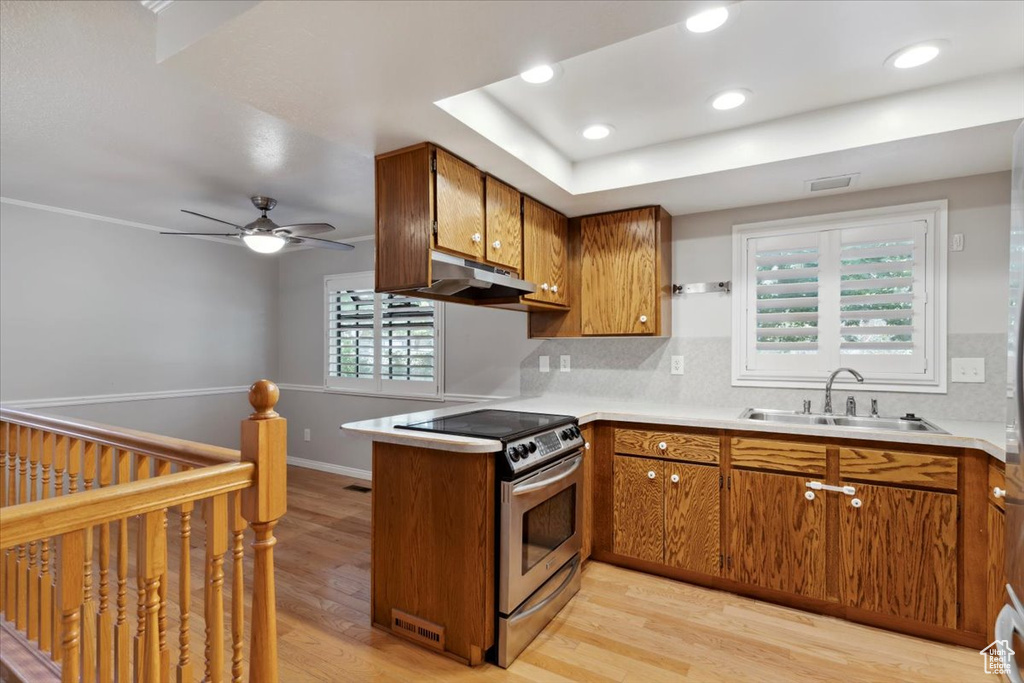 Kitchen with stainless steel range with electric cooktop, a sink, brown cabinetry, under cabinet range hood, and light wood finished floors
