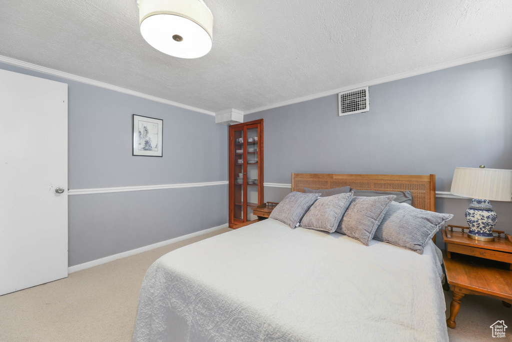Carpeted bedroom with a textured ceiling and ornamental molding