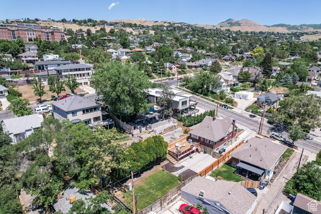 Aerial perspective of suburban area featuring mountains