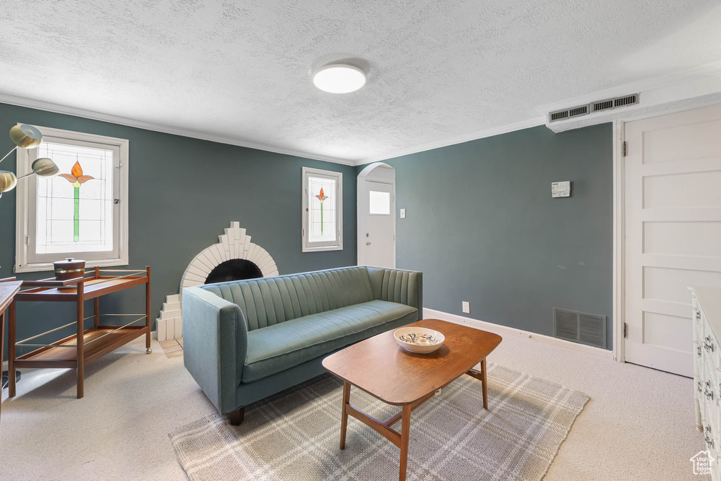 Carpeted living room with arched walkways, a textured ceiling, ornamental molding, and baseboards