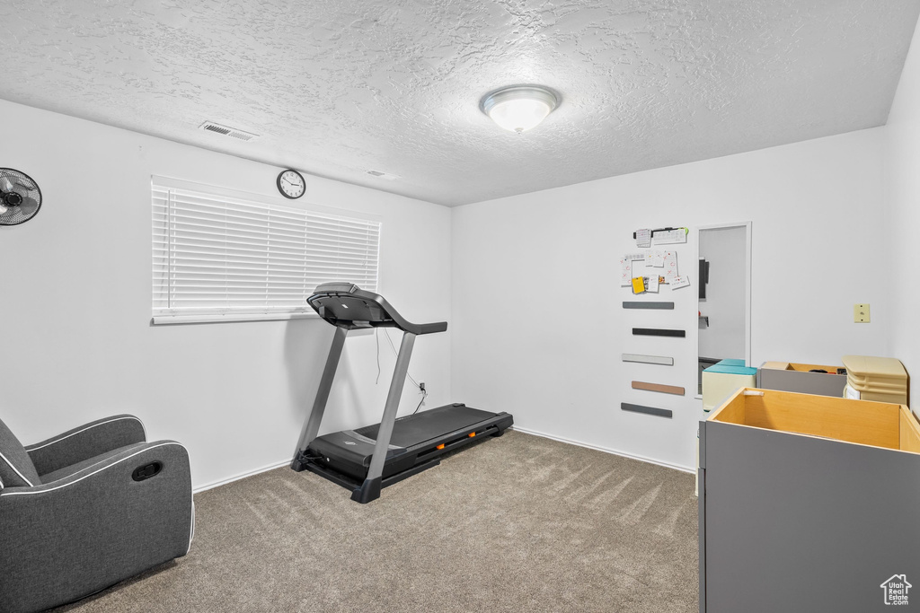 Workout area with carpet flooring, a textured ceiling, and baseboards