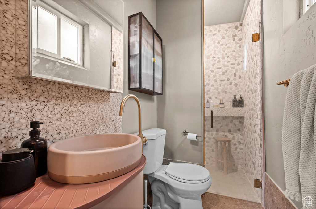 Bathroom with a shower stall, toilet, and vanity