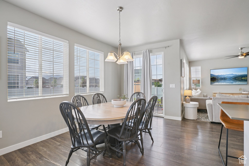 Dining area with baseboards, a chandelier, dark wood-type flooring, and a ceiling fan