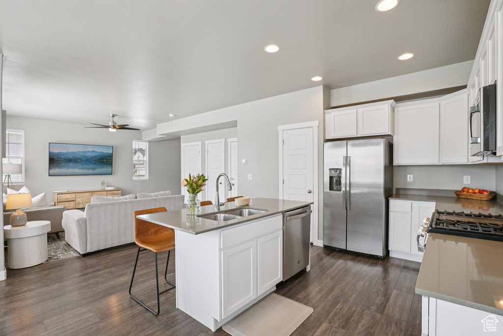 Kitchen featuring appliances with stainless steel finishes, a sink, open floor plan, dark wood-type flooring, and recessed lighting