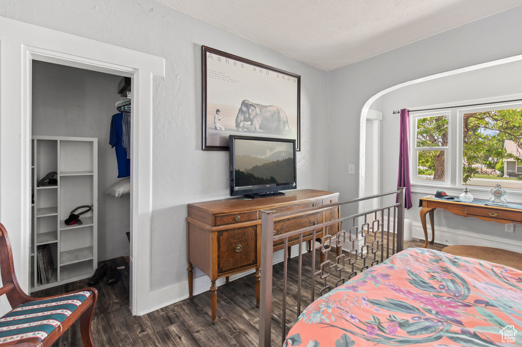 Bedroom featuring a spacious closet, wood finished floors, baseboards, and a closet