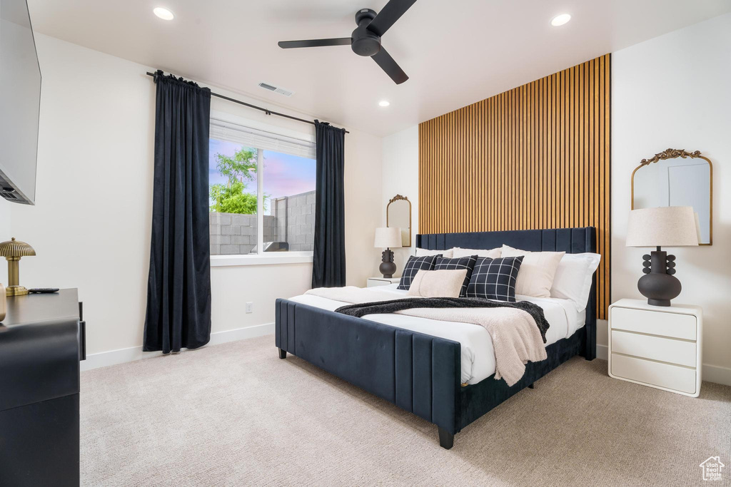 Bedroom featuring carpet, recessed lighting, baseboards, and a ceiling fan