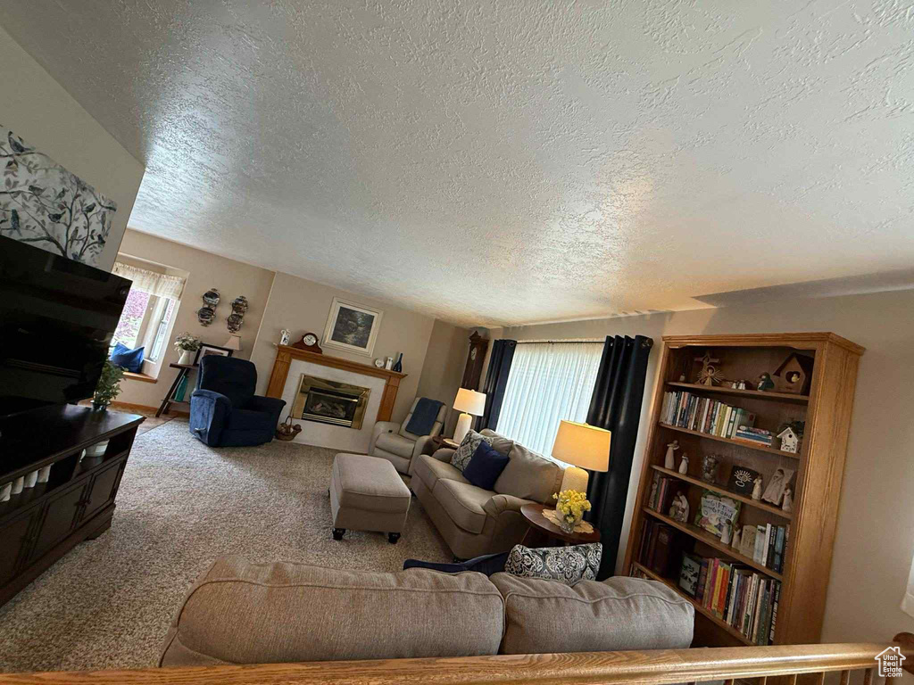 Carpeted living room with a textured ceiling, a tiled fireplace, and healthy amount of natural light