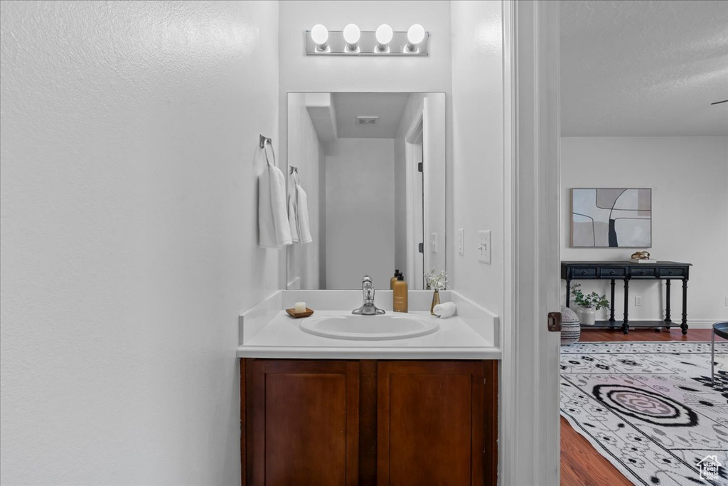 Bathroom with vanity and wood finished floors