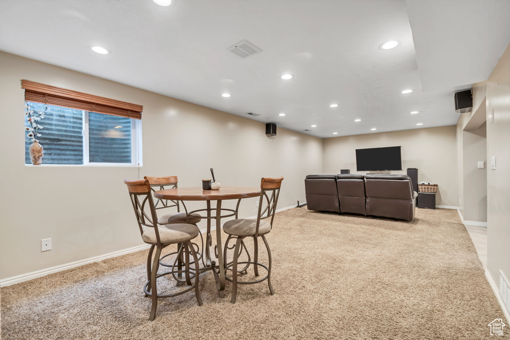 Dining area featuring carpet floors, recessed lighting, and baseboards