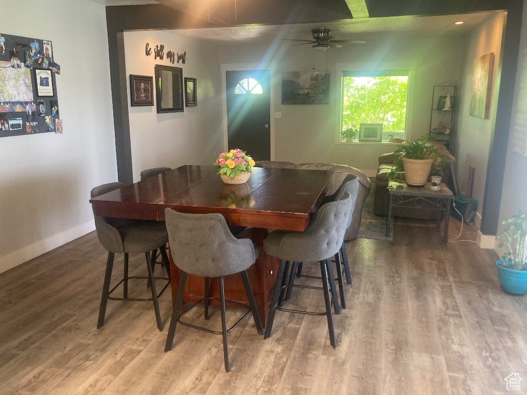 Dining room with ceiling fan, wood finished floors, and baseboards