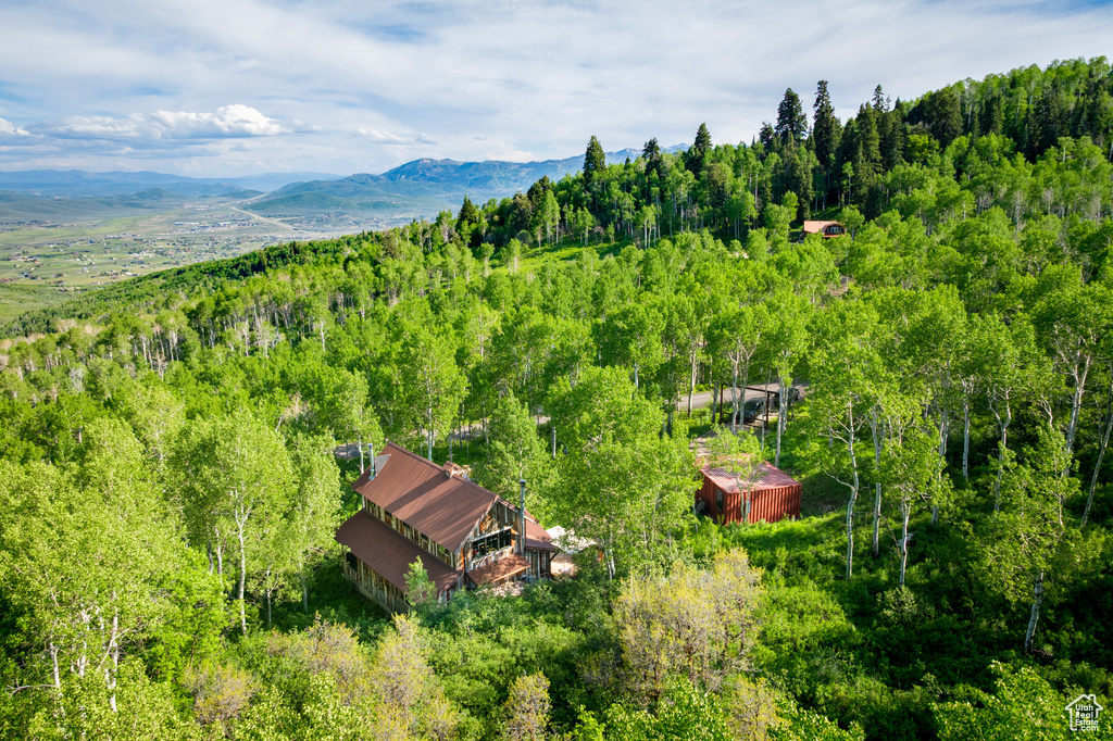 View of subject property featuring a heavily wooded area and a mountain backdrop