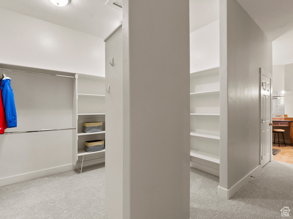 Spacious closet featuring carpet
