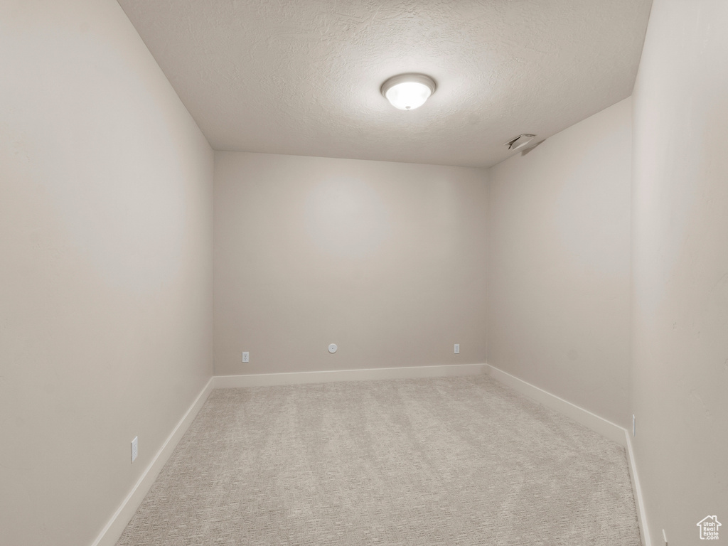 Unfurnished room with a textured ceiling, light carpet, and baseboards