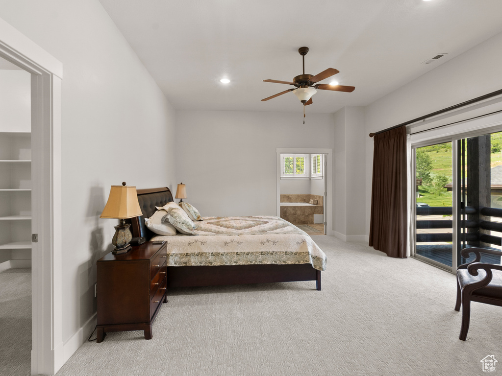 Bedroom featuring light colored carpet, access to exterior, recessed lighting, baseboards, and a ceiling fan