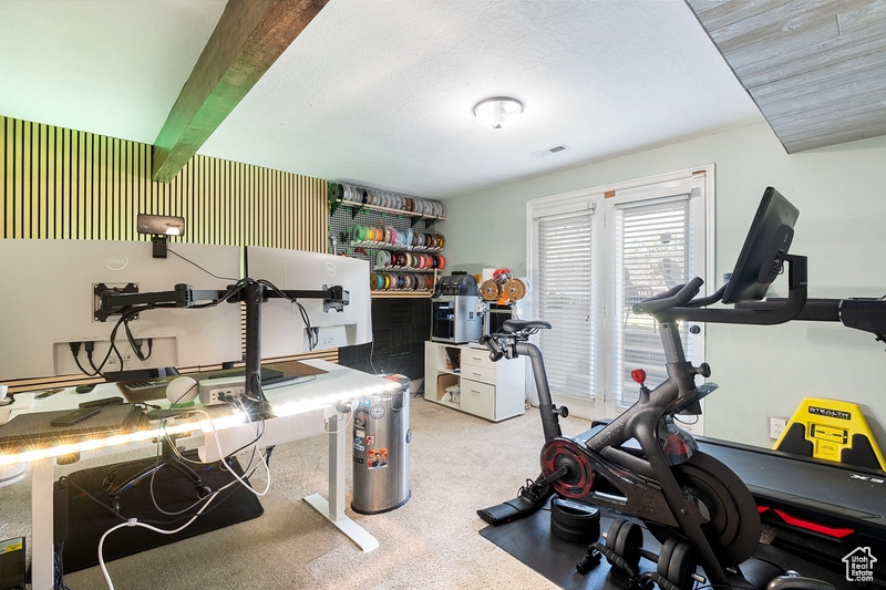 Workout room featuring carpet flooring