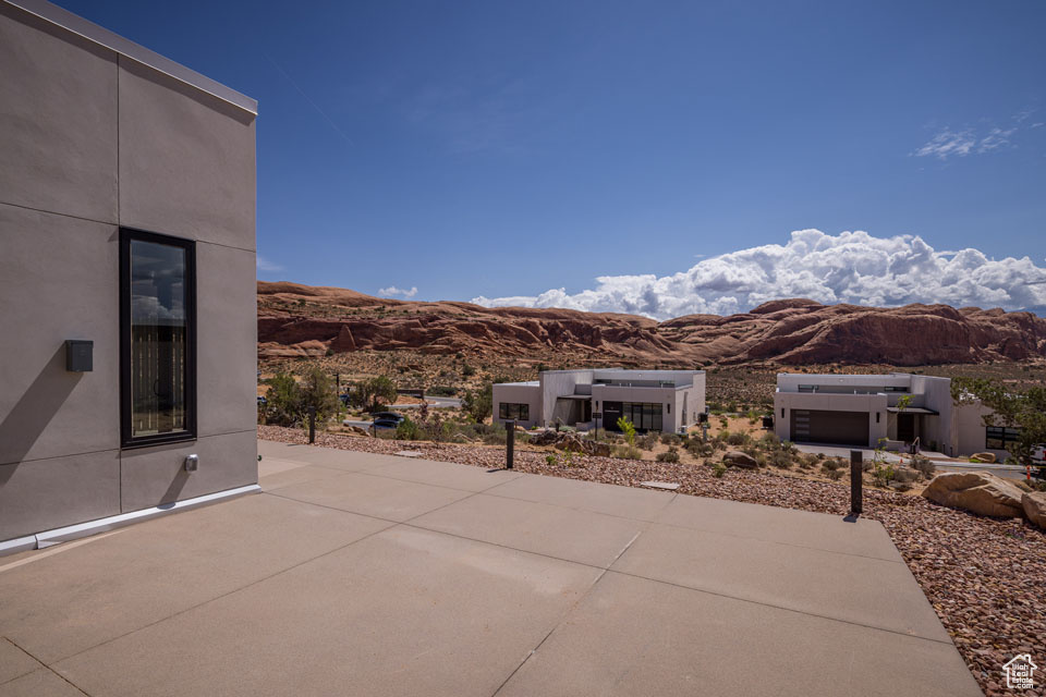 View of patio with a mountain view