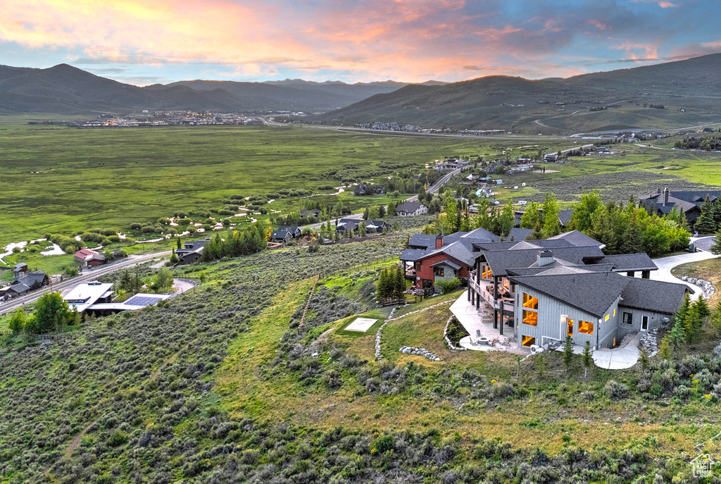 Aerial view at dusk of a mountain view