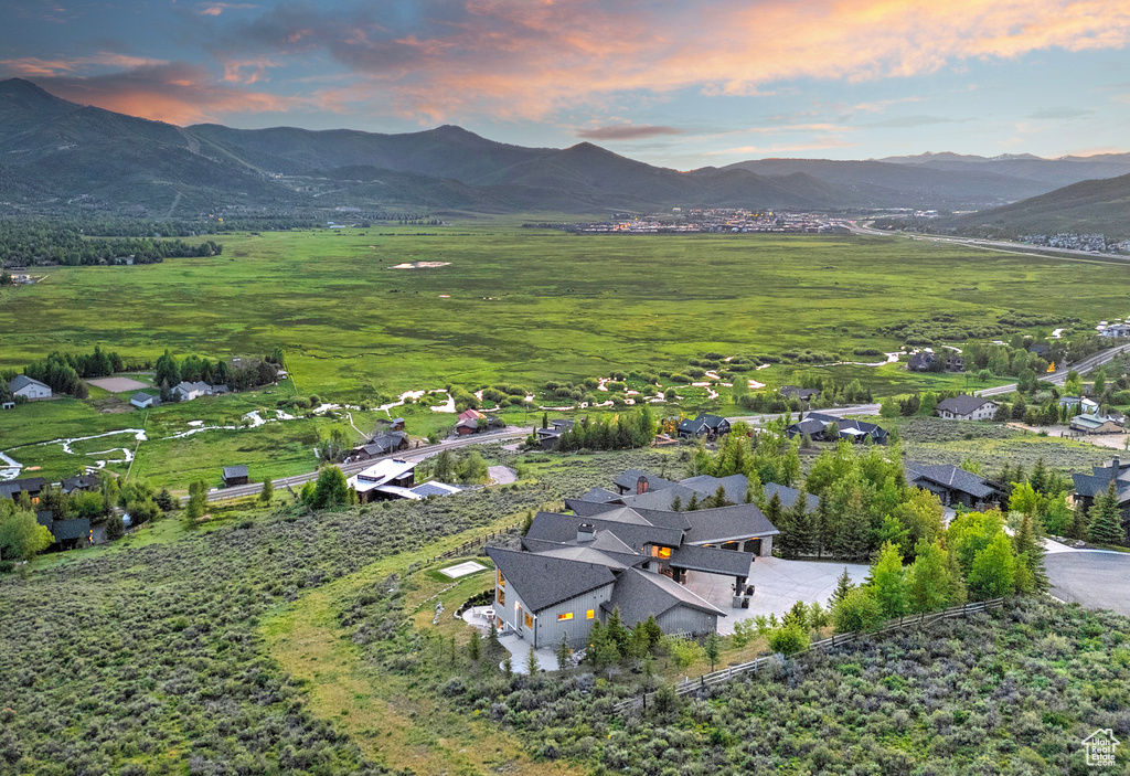 Aerial view at dusk of a mountain view