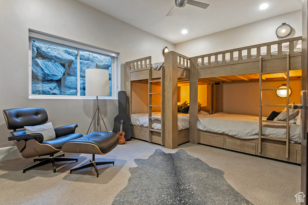Bedroom with carpet, a ceiling fan, and recessed lighting