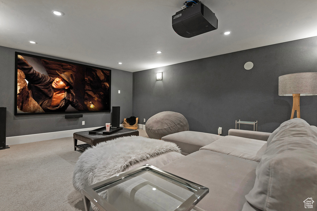 Home theater room with carpet floors, recessed lighting, and baseboards